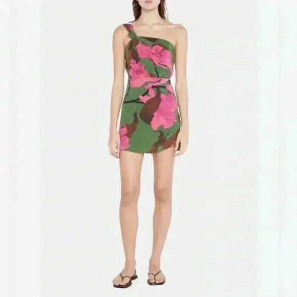 JOHANNA ORTIZ San Basilio One-Shoulder Silk Mini Dress 6 Multicolor Green Floral - Picture 10 of 10
